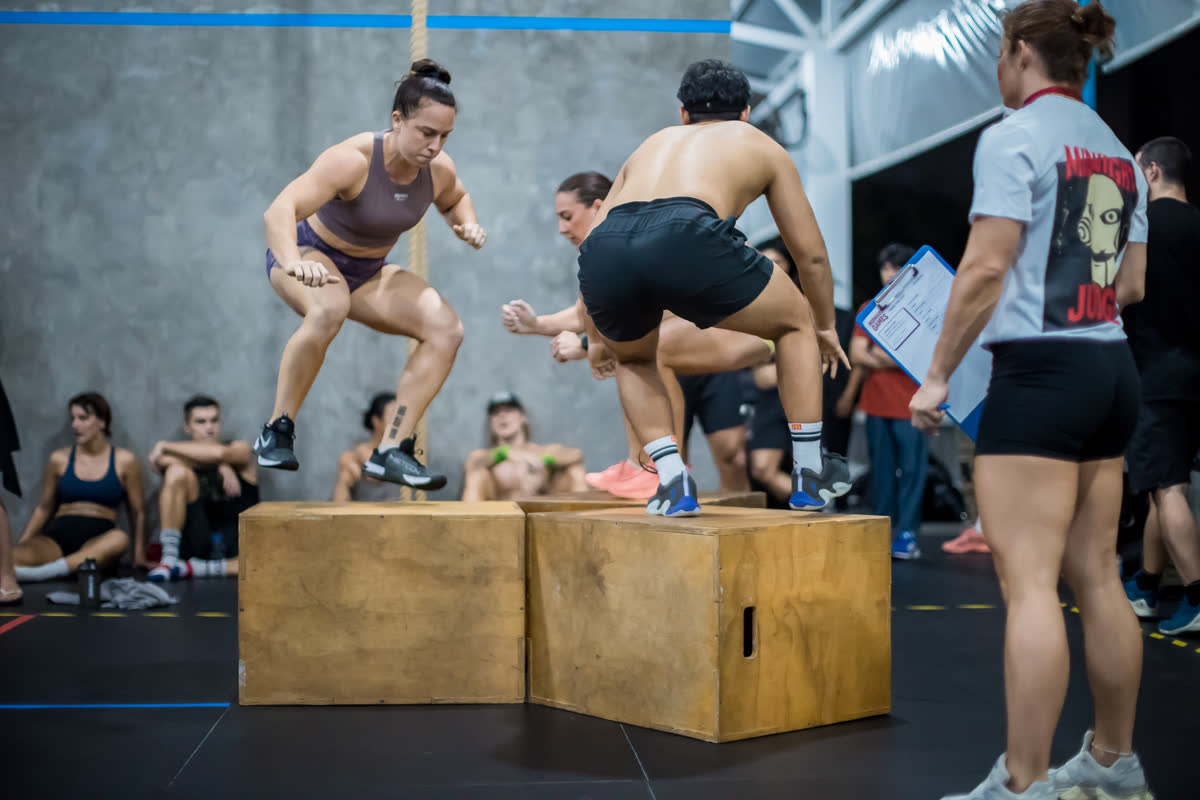 Box jump overs in front of the crowd